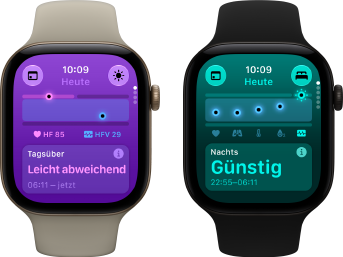 Zwei Apple Watch Series 12 Geräte: Aluminiumgehäuse, Farbe Lichtgold, Tageswerte für Vitalzeichen leicht abweichend, Digital Crown, Sportarmband Sand, Aluminiumgehäuse, Farbe Schwarz, im Schlaf erfasste Vitalzeichen günstig, Digital Crown, Sportarmband Schwarz